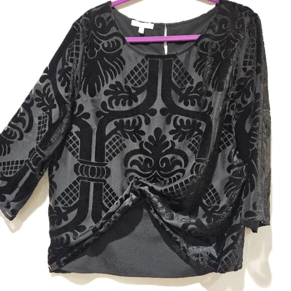 TALBOTS BLACK VELVET ¾ SLEEVE BOATNECK BURNOUT DRESSY BLOUSE XL HOLIDAY CRUISE - Picture 3 of 5
